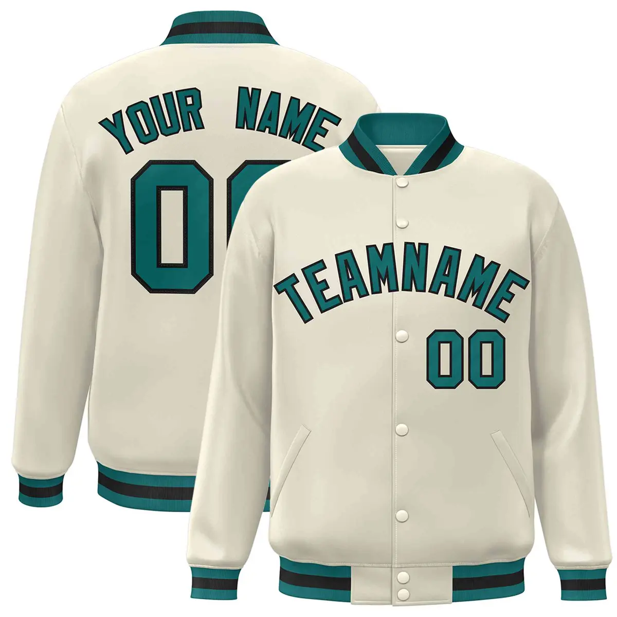Khaki Aqua-Black Classic Varsity Full-Snap Letterman Jacket