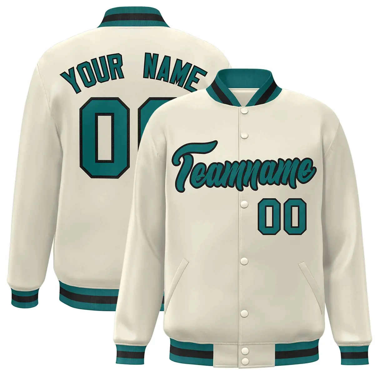 Khaki Aqua-Black Classic Varsity Full-Snap Letterman Jacket