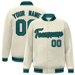 Khaki Aqua-Black Classic Varsity Full-Snap Letterman Jacket 1