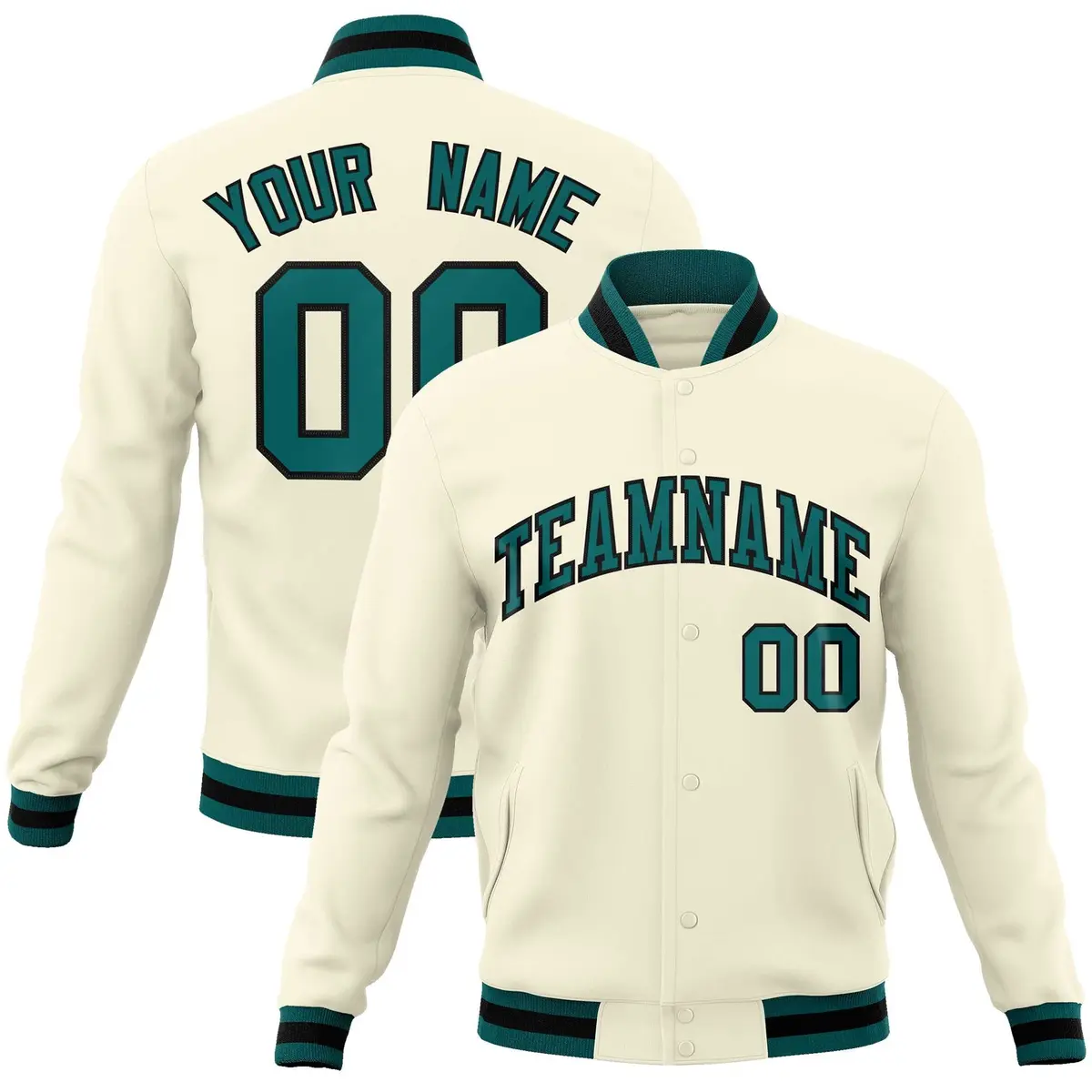Khaki Aqua-Black Classic Varsity Full-Snap Letterman Jacket