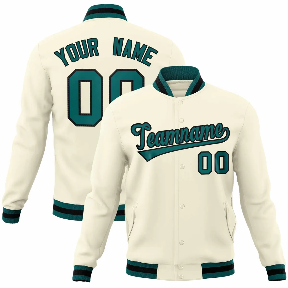Khaki Aqua-Black Classic Varsity Full-Snap Letterman Jacket