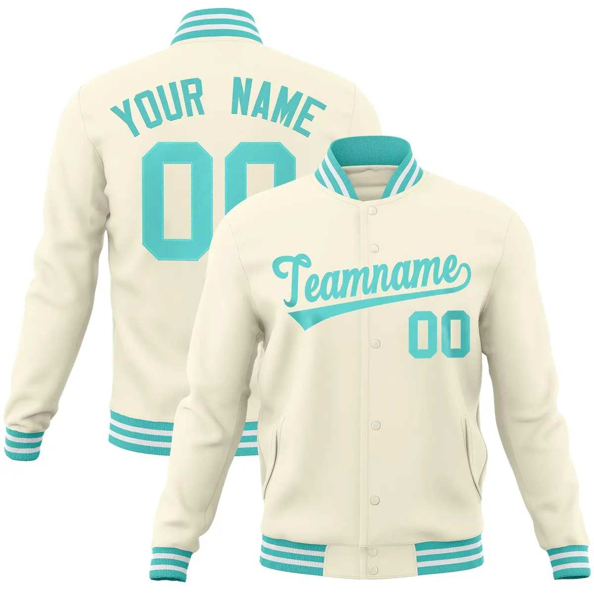 Khaki Aqua Classic Varsity Full-Snap Letterman Jacket