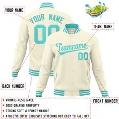 Khaki Aqua Classic Varsity Full-Snap Letterman Jacket 4