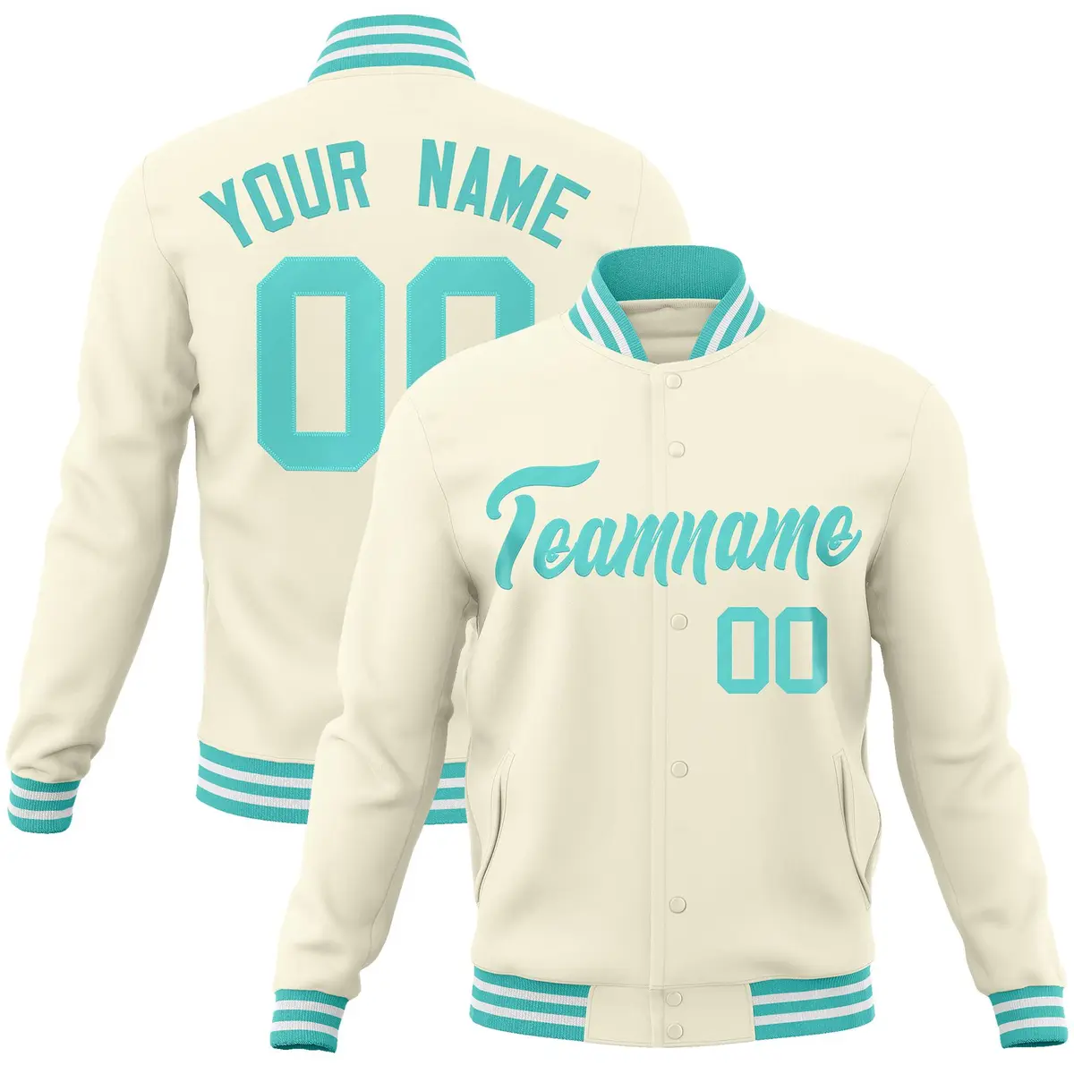 Khaki Aqua Classic Varsity Full-Snap Letterman Jacket