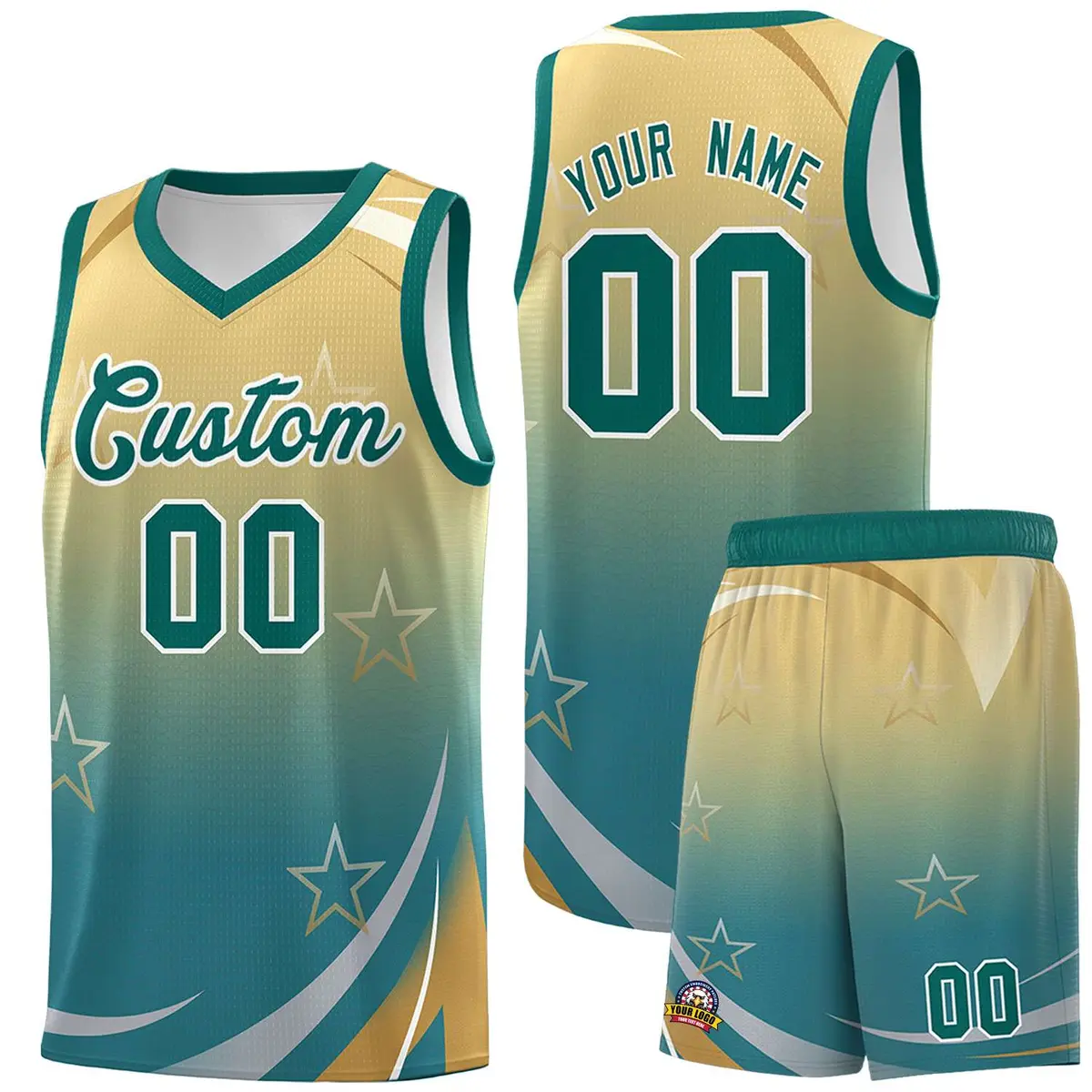 Khaki Aqua Gradient Star Graffiti Pattern Basketball Jersey