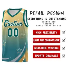 Khaki Aqua Gradient Star Graffiti Pattern Basketball Jersey 4