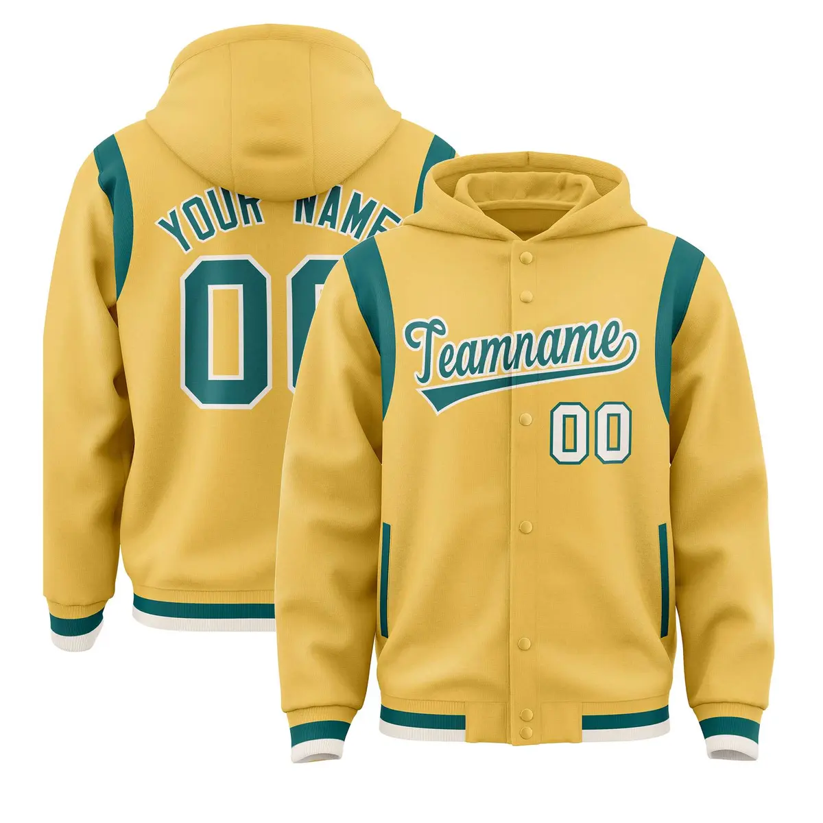 Khaki Aqua Varsity Letterman Color Block Hoodie Jacket