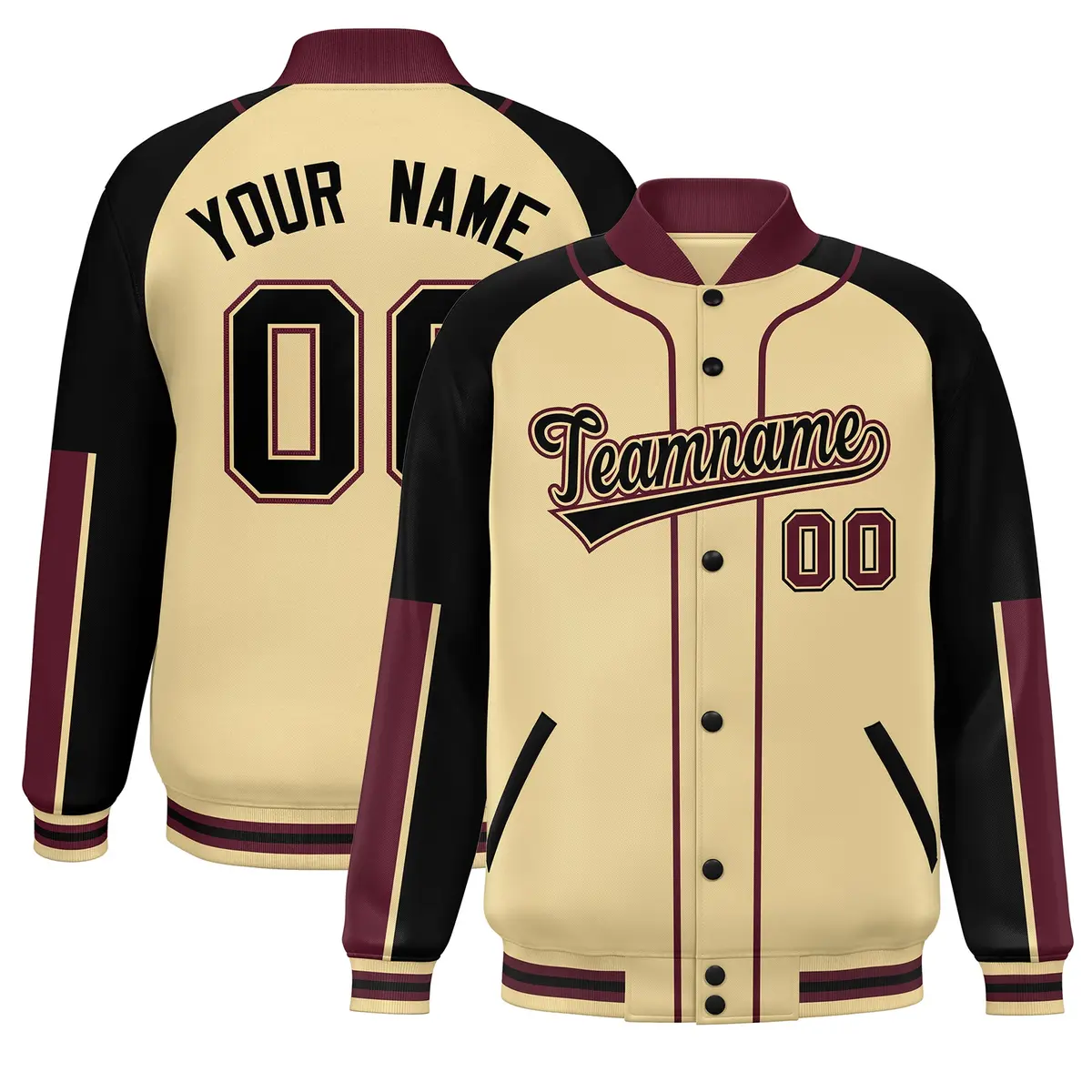 Khaki Black-Crimson Raglan Full-Snap Letterman Baseball Jacket
