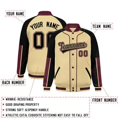 Khaki Black-Crimson Raglan Full-Snap Letterman Baseball Jacket 2
