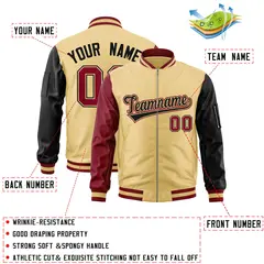 Khaki Black-Crimson Varsity Full-Zip Raglan Letterman Bomber Jacket 2