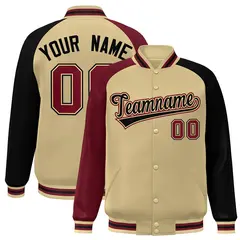 Khaki Black-Crimson Varsity Raglan Letterman Bomber Jacket 1
