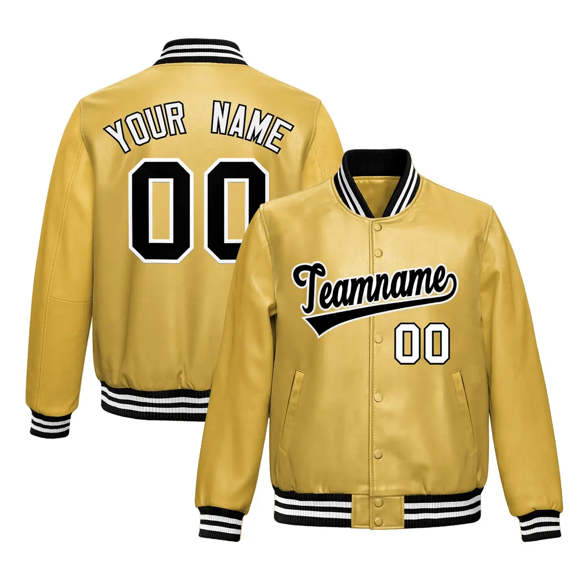 Khaki Black Full-Snap Varsity Faux Leather Letterman Jacket