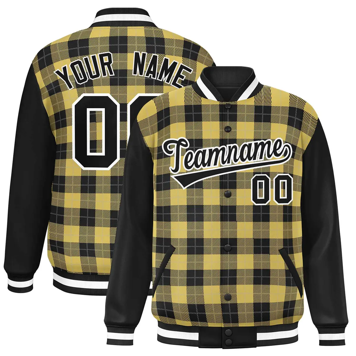 Khaki Black-Gray Plaid Varsity Letterman Baseball Jacket