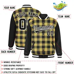 Khaki Black-Gray Plaid Varsity Letterman Baseball Jacket 2