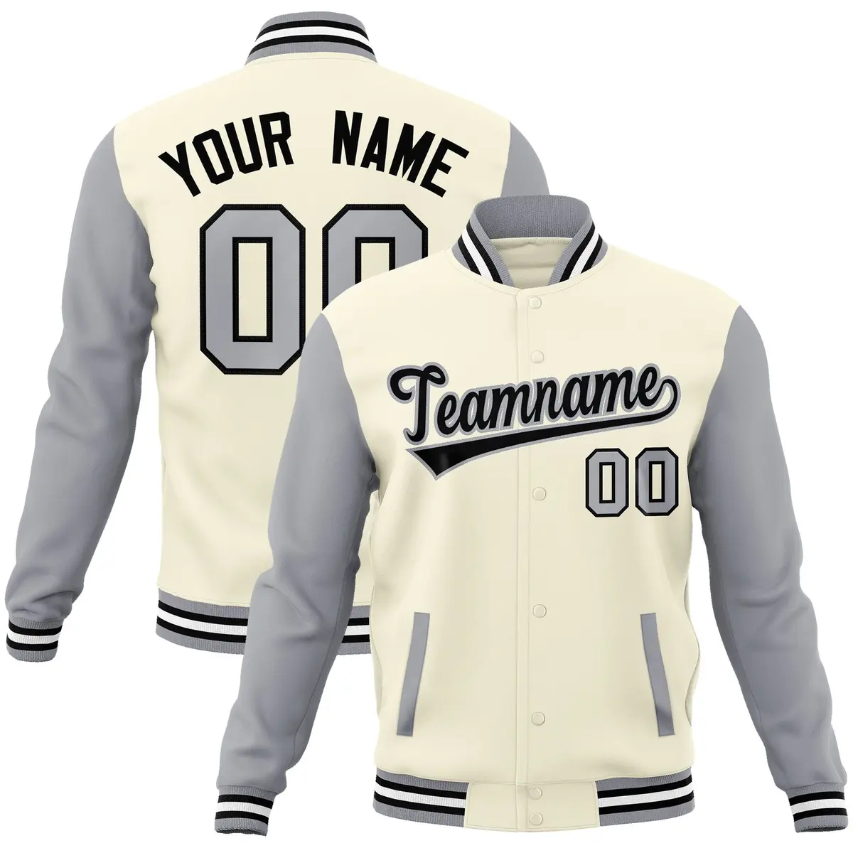 Khaki Black-Gray Raglan Varsity Full-Snap Letterman Jacket
