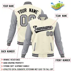 Khaki Black-Gray Raglan Varsity Full-Snap Letterman Jacket 4