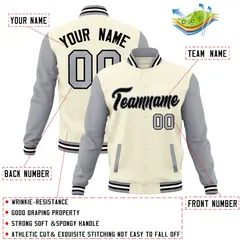 Khaki Black-Gray Raglan Varsity Full-Snap Letterman Jacket 4