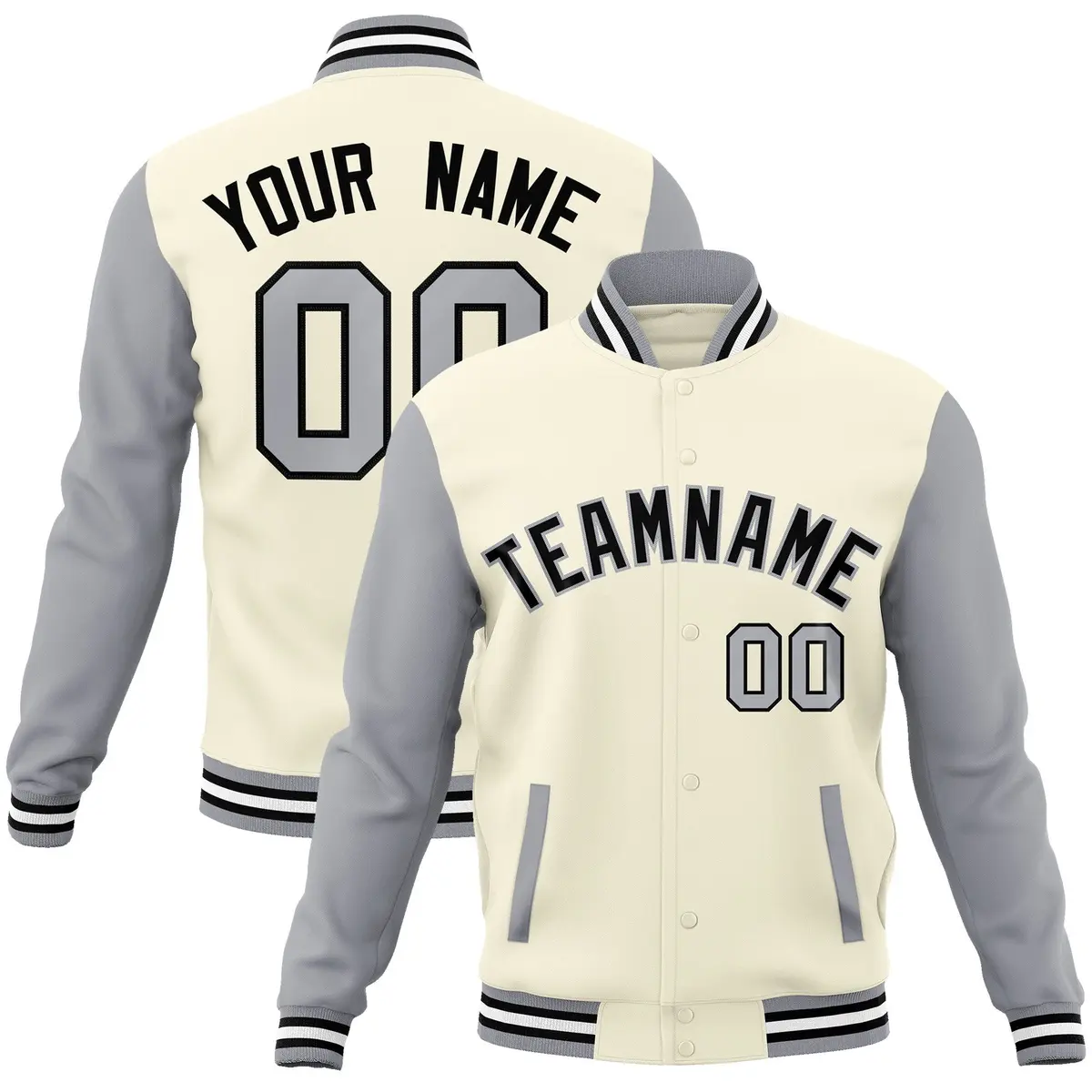 Khaki Black-Gray Raglan Varsity Full-Snap Letterman Jacket
