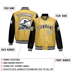 Khaki Black Raglan Full-Snap Faux Leather Letterman Jacket 2