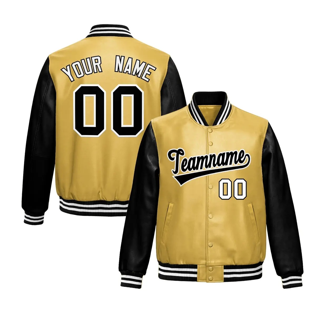 Khaki Black Raglan Full-Snap Varsity Faux Leather Letterman Jacket