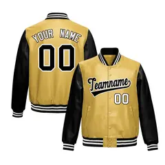 Khaki Black Raglan Full-Snap Varsity Faux Leather Letterman Jacket 1