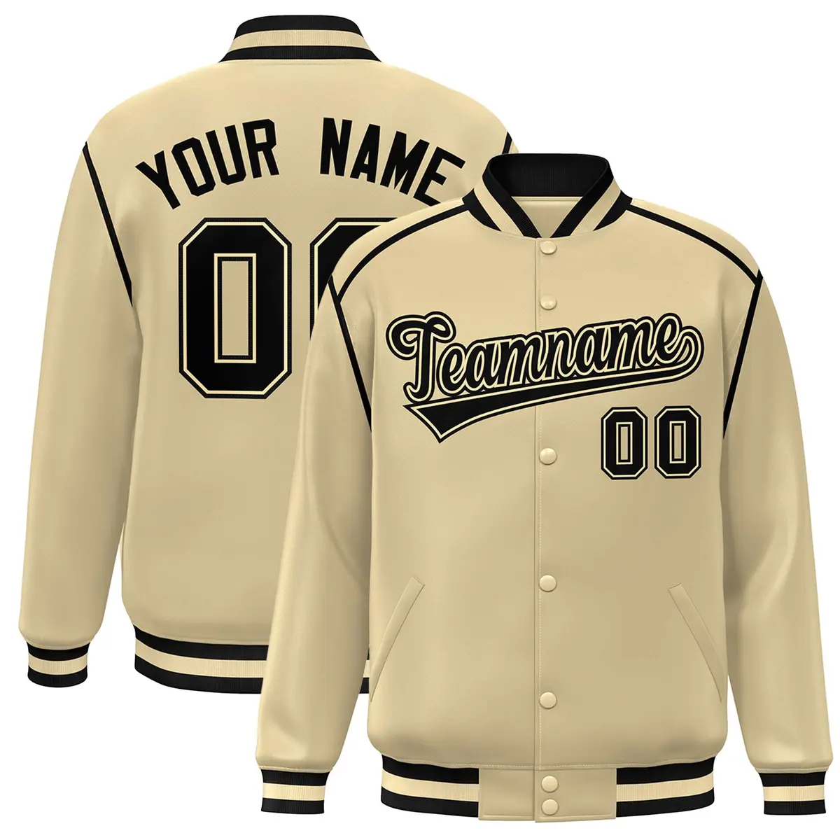 Khaki Black Ribbon Color Block Varsity Full-Snap Bomber Jacket