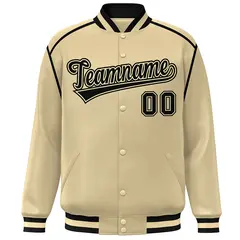 Khaki Black Ribbon Color Block Varsity Full-Snap Bomber Jacket 3