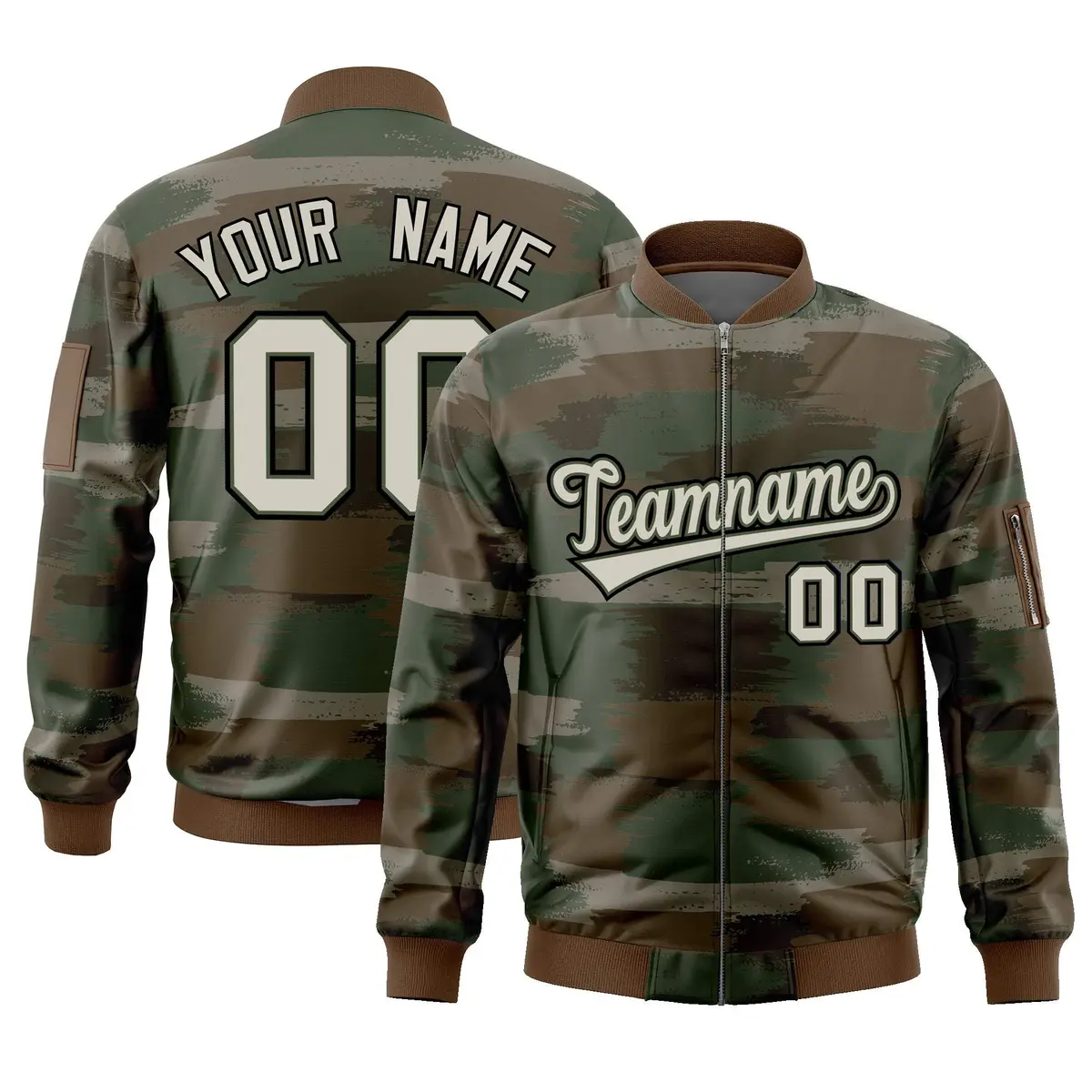 Khaki Black Varsity Full-Zip Camo Letterman Bomber Jacket