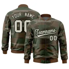 Khaki Black Varsity Full-Zip Camo Letterman Bomber Jacket