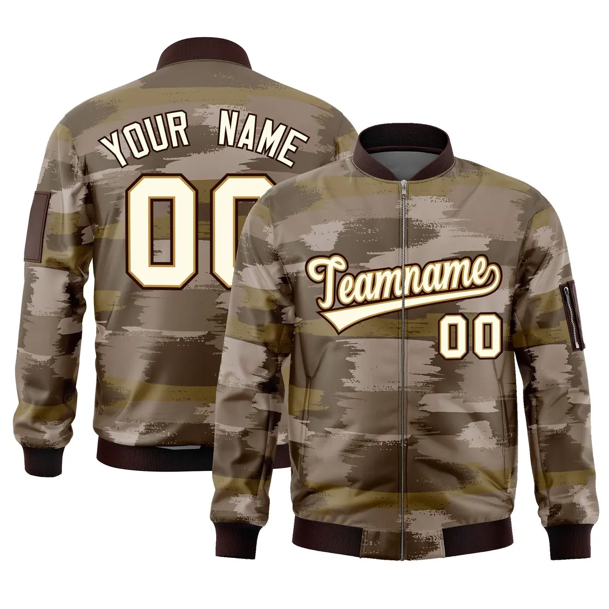 Khaki Black Varsity Full-Zip Camo Letterman Bomber Jacket