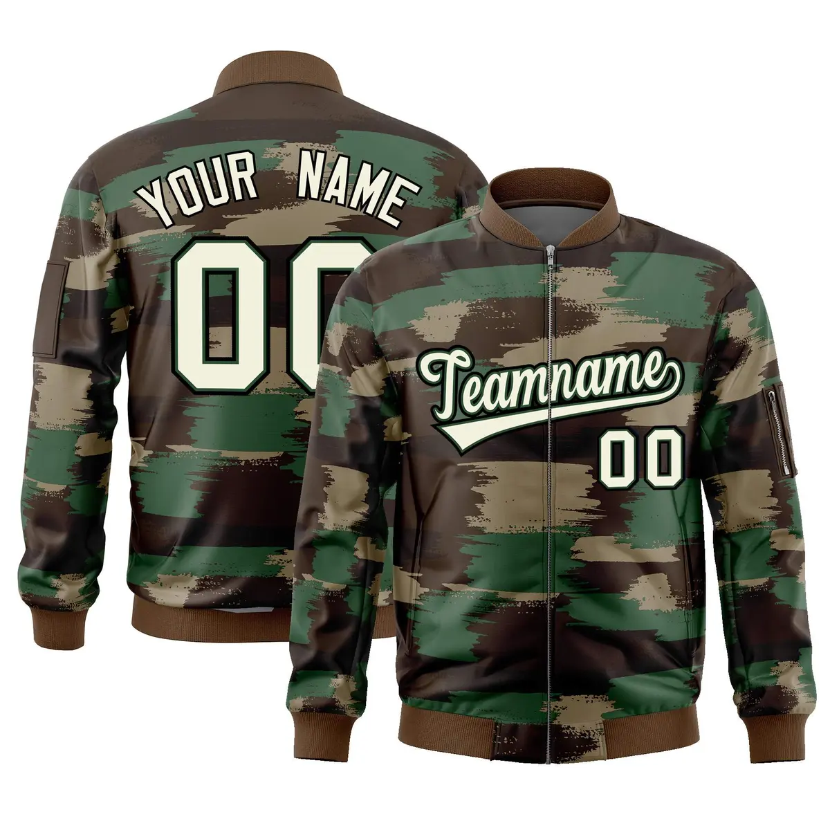 Khaki Black Varsity Full-Zip Camo Letterman Bomber Jacket