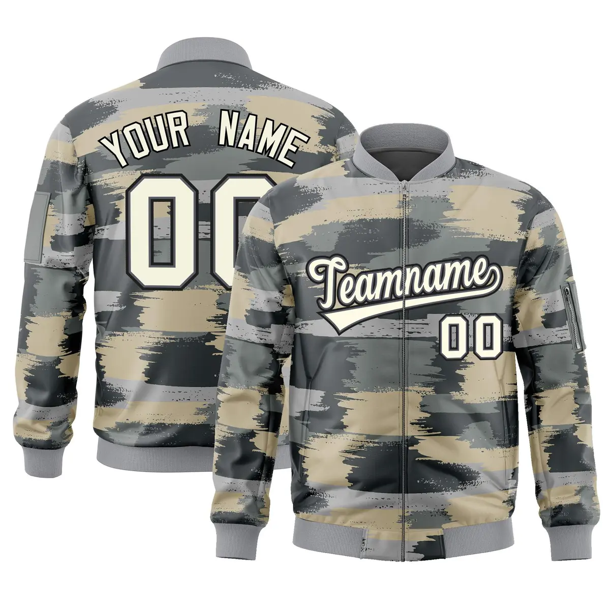 Khaki Black Varsity Full-Zip Camo Letterman Bomber Jacket