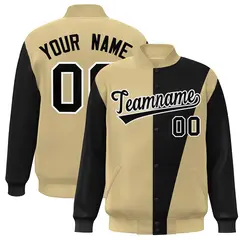 Khaki Black-White Color Block Varsity Full-Snap Bomber Jacket 1