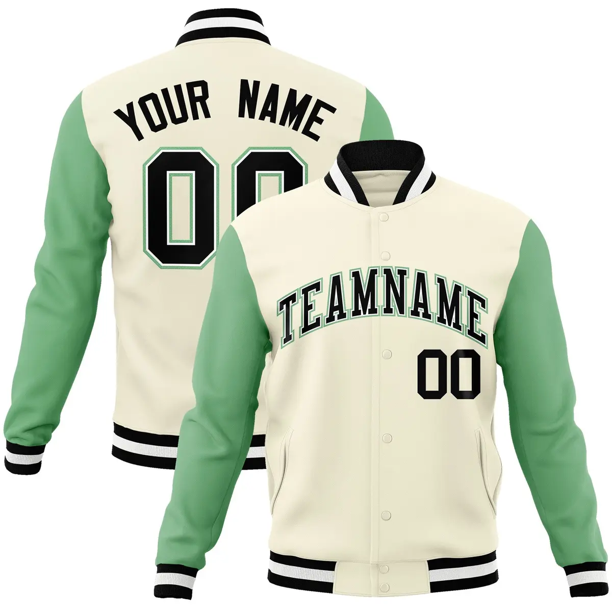Khaki Black-White Raglan Varsity Full-Snap Letterman Jacket