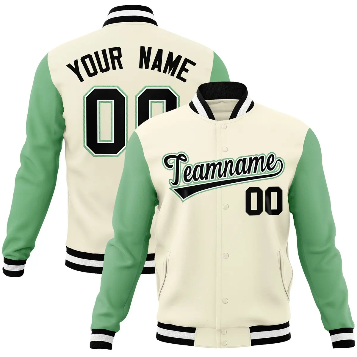 Khaki Black-White Raglan Varsity Full-Snap Letterman Jacket