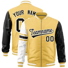 Khaki Black-White Varsity Full-Zip Raglan Stripe Letterman Bomber Jacket 1