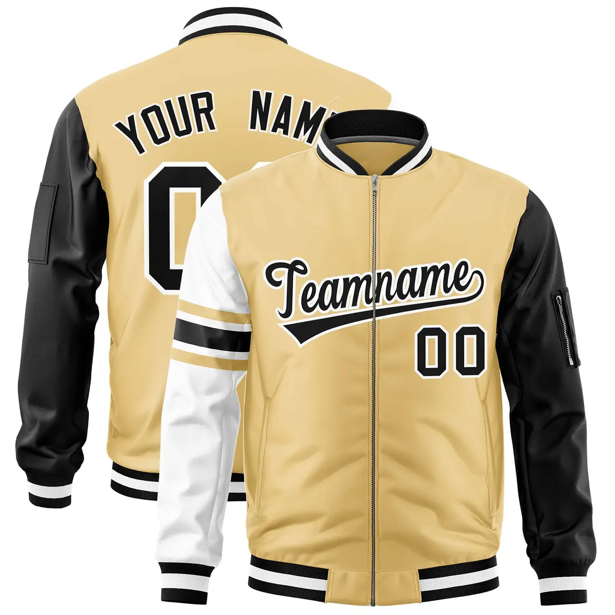 Khaki Black-White Varsity Full-Zip Raglan Stripe Letterman Bomber Jacket