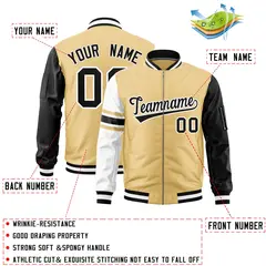 Khaki Black-White Varsity Full-Zip Raglan Stripe Letterman Bomber Jacket 2