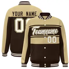 Khaki Brown-Cream Color Block Varsity Full-Snap Bomber Jacket
