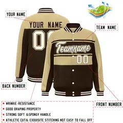 Khaki Brown-Cream Color Block Varsity Full-Snap Bomber Jacket 2