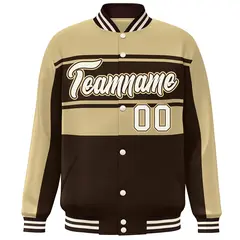 Khaki Brown-Cream Color Block Varsity Full-Snap Bomber Jacket 3