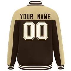 Khaki Brown-Cream Color Block Varsity Full-Snap Bomber Jacket 4