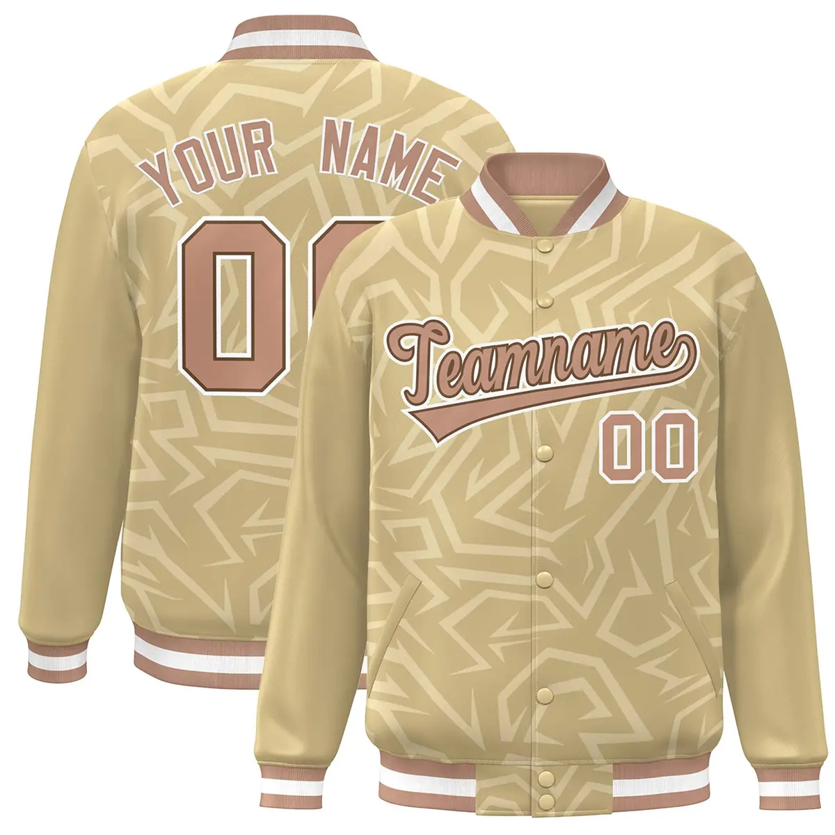Khaki Brown-White Stripe Graffiti Pattern Varsity Full-Snap Jacket