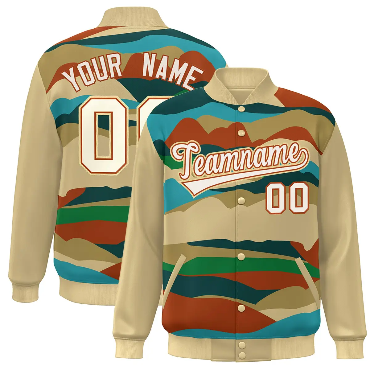 Khaki Cream-Orange Clouds Graffiti Varsity Full-Snap Jacket