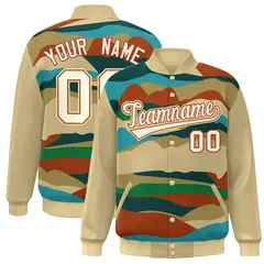 Khaki Cream-Orange Clouds Graffiti Varsity Full-Snap Jacket