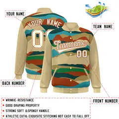 Khaki Cream-Orange Clouds Graffiti Varsity Full-Snap Jacket 2