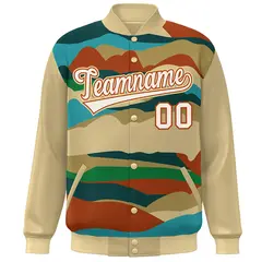 Khaki Cream-Orange Clouds Graffiti Varsity Full-Snap Jacket 3