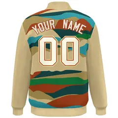 Khaki Cream-Orange Clouds Graffiti Varsity Full-Snap Jacket 4