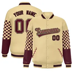 Khaki Crimson-Black Checkered Color Block Bomber Varsity Jacket 1