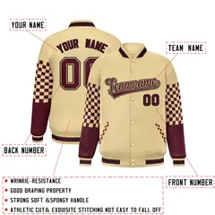 Khaki Crimson-Black Checkered Color Block Bomber Varsity Jacket 2